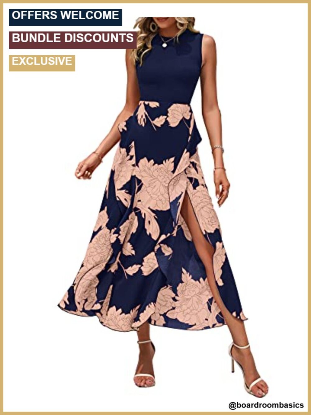 Sleeveless Floral Midi Dress Ruffle Split Hem Wedding Guest